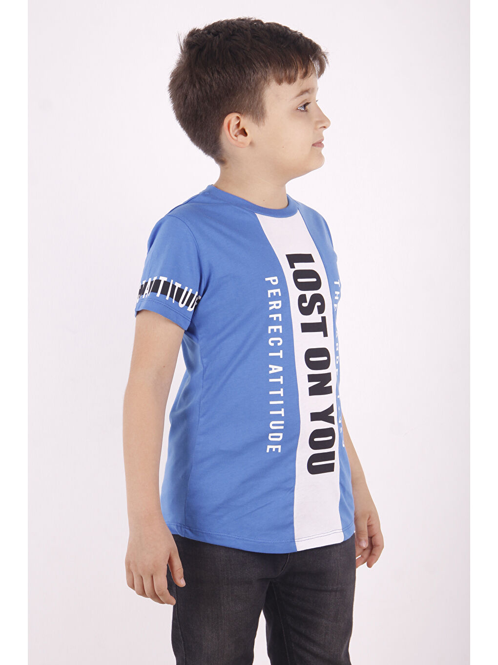 Mavi Erkek Çocuk Yazı Baskılı Tişört-1