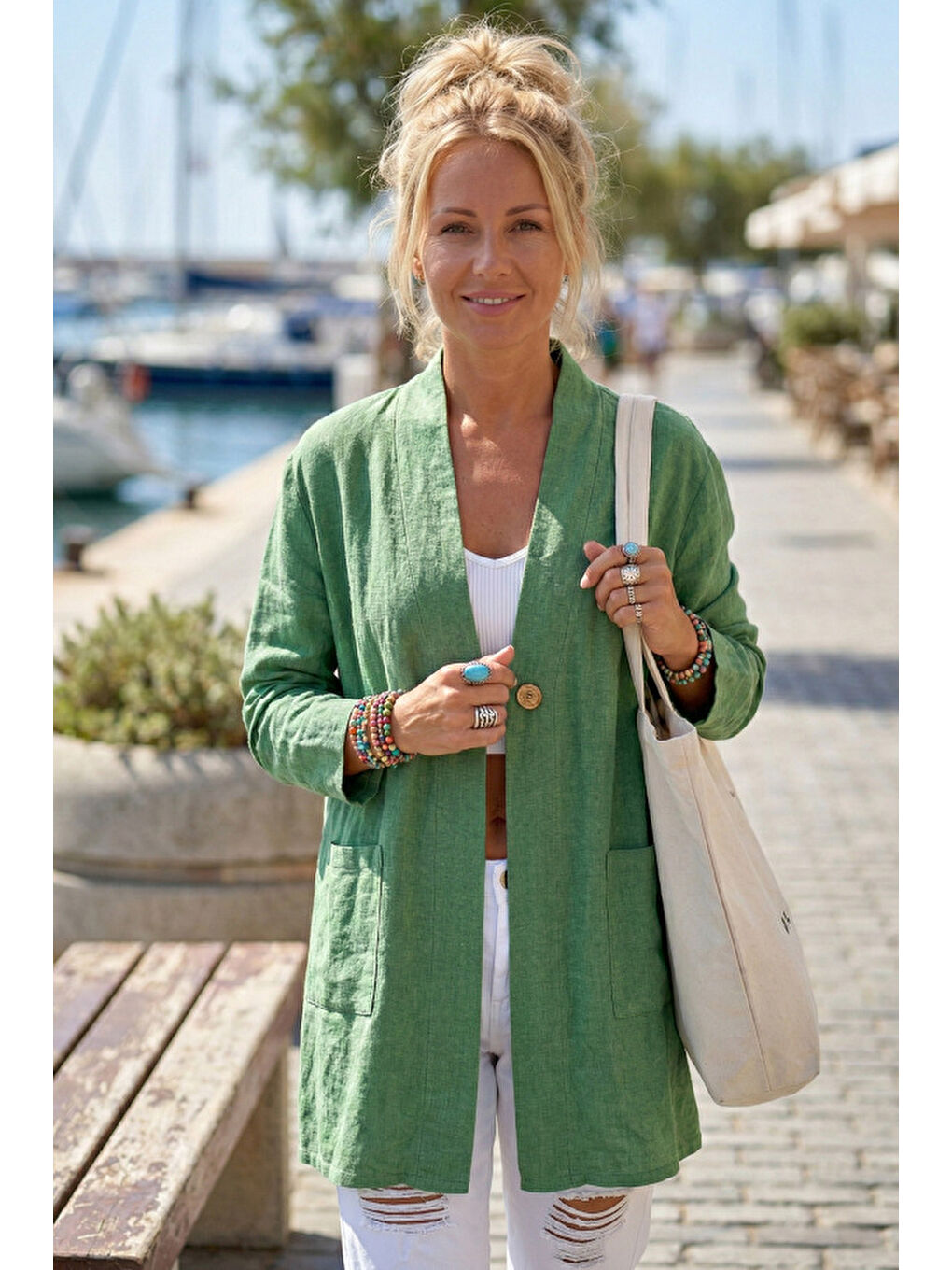 Yeşil Kimono Yaka 3/4 Kol Düğmeli Çift Cepli Casual Flamlı Pamuklu Kumaş Dokuma Ceket 85 60
