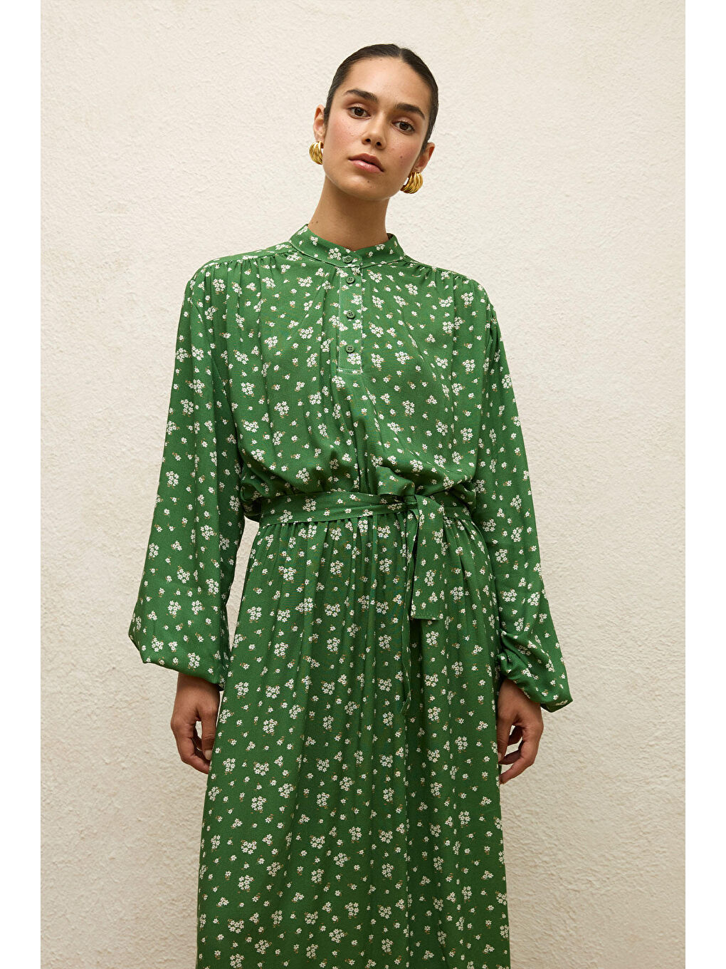 Yeşil Viskon Desenli Elbise Dıtsy-1