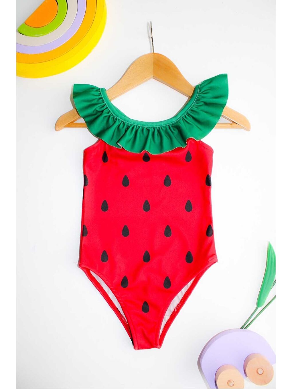 Yeşil Çapraz Fırfır Askılı Kız Çocuk Mayo