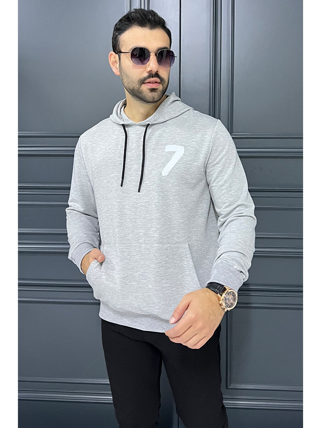 Mishar İtalia Gri Erkek Kapüşonlu Baskılı Kanguru Cepli Sweatshirt - 1