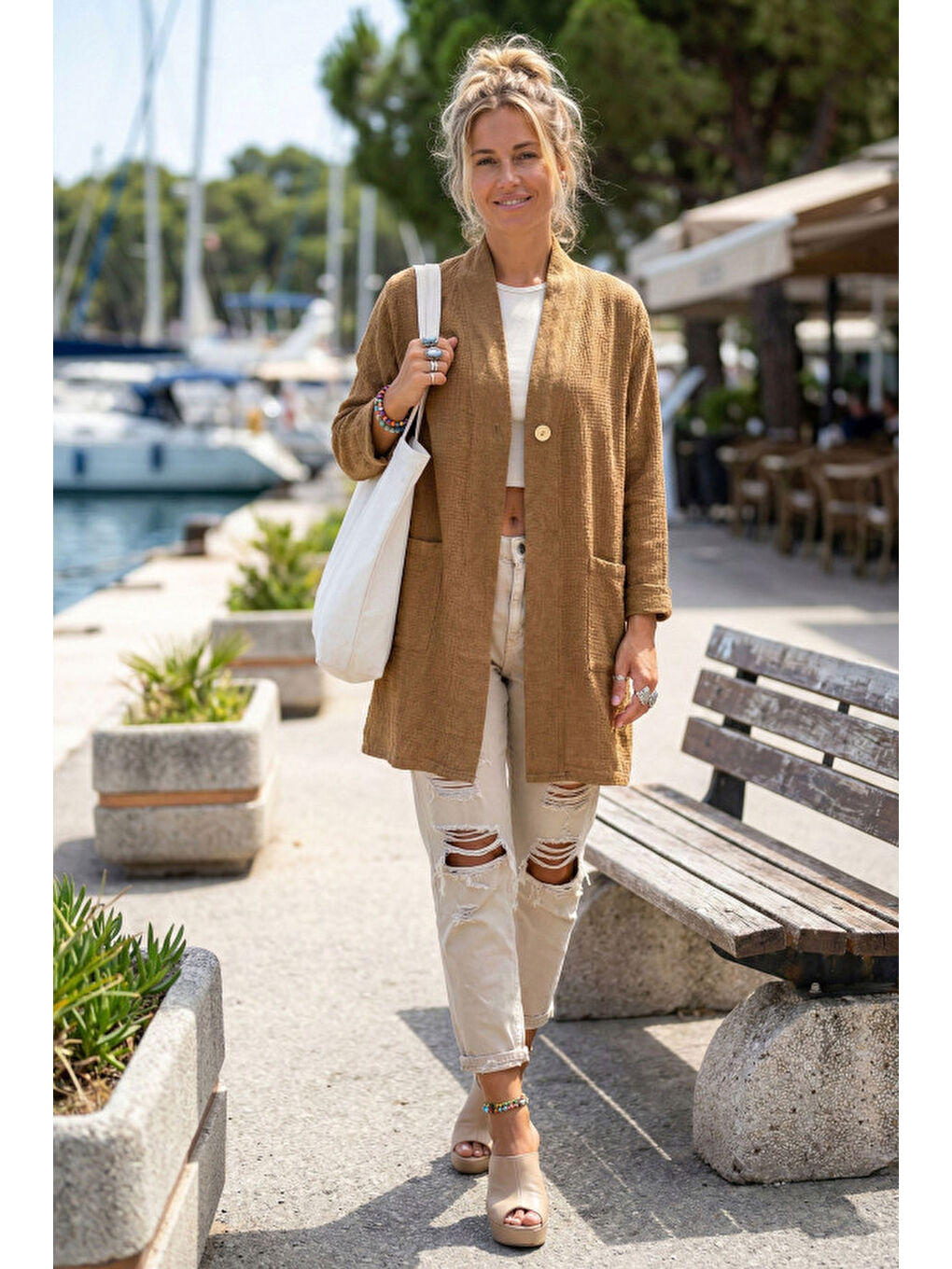 Kahverengi Camel Kimono Yaka 3/4 Kol Düğmeli Çift Cepli Casual Flamlı Pamuklu Kumaş Dokuma Ceket 85 60-2