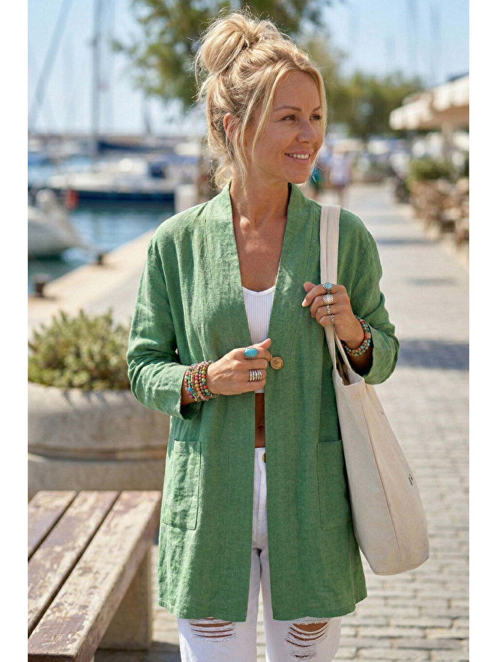 Yeşil Kimono Yaka 3/4 Kol Düğmeli Çift Cepli Casual Flamlı Pamuklu Kumaş Dokuma Ceket 85 60-1