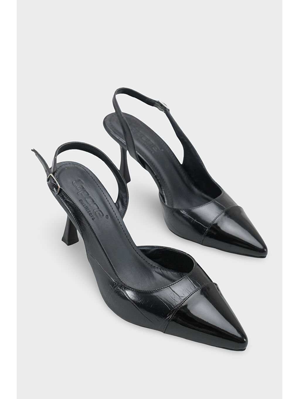 Siyah Salli Sivri Burunlu Arkası Açık Orta Topuklu Kadın Ayakkabı-1