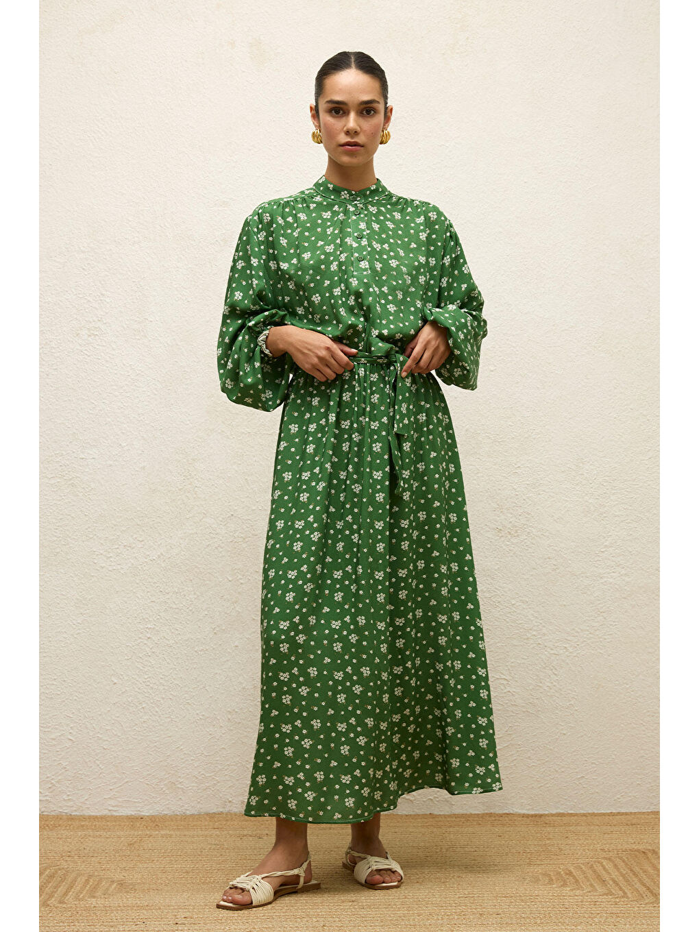 Yeşil Viskon Desenli Elbise Dıtsy-2