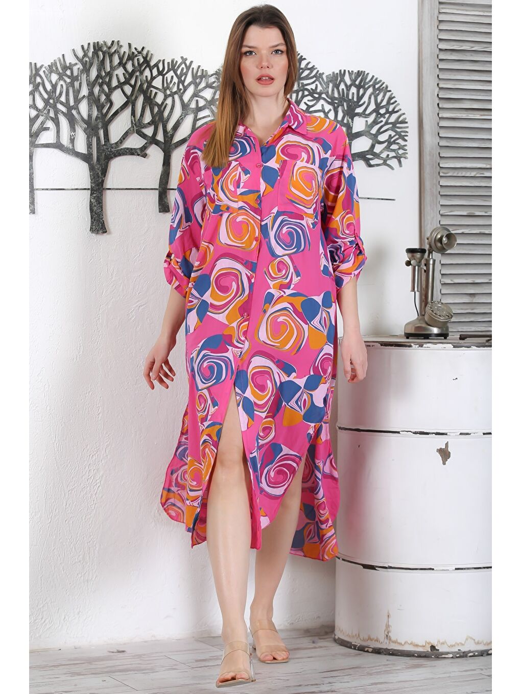 İtalyan Fuşya Düğmeli Uzun Kollu Geometrik Desenli Çift Cepli Casual Dokuma Yazlık Elbise