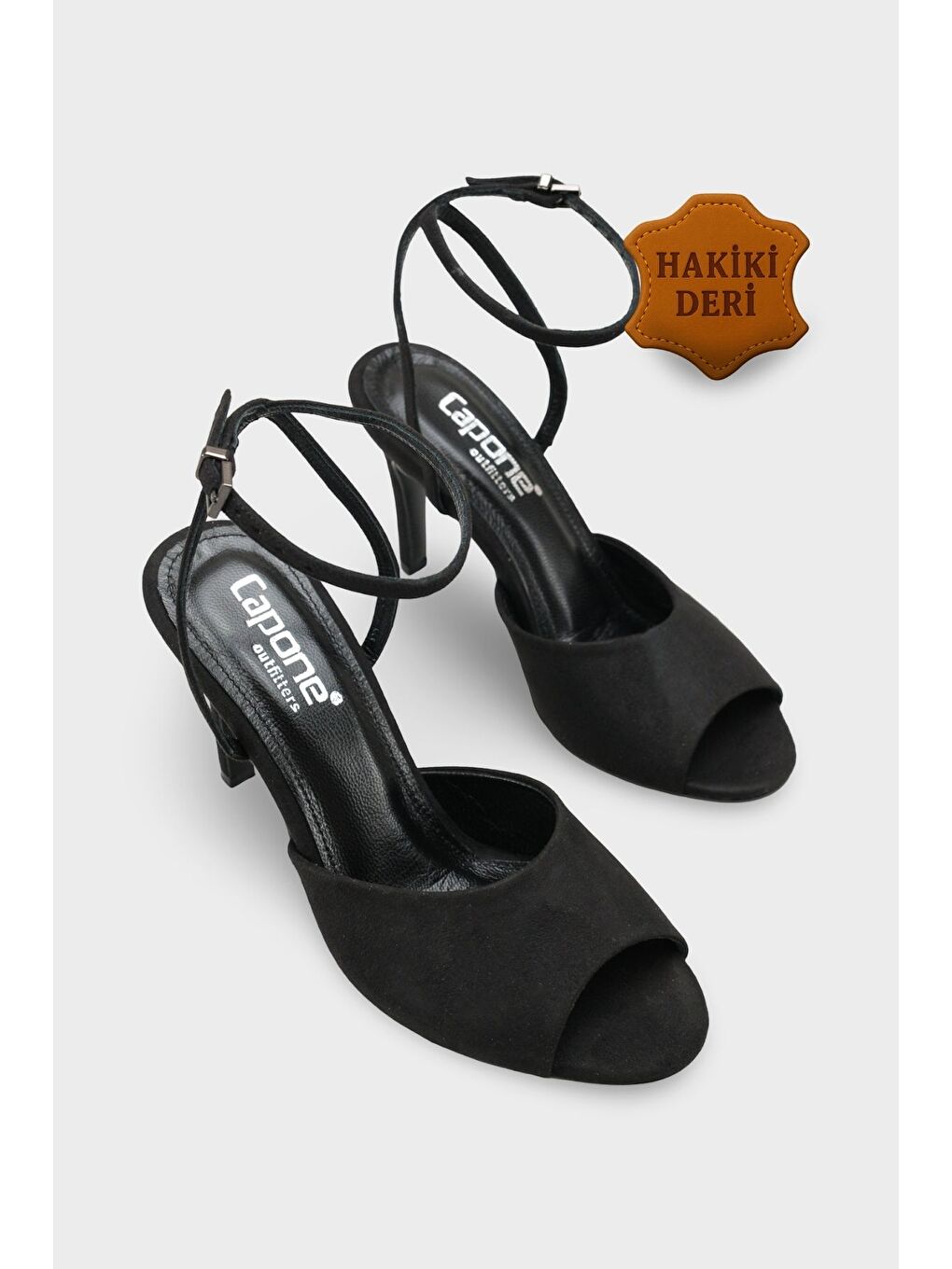 Siyah Kenna Hakiki Deri Astarlı Yuvarlak Burunlu Orta Topuklu Bilekten Bantlı Kadın Ayakkabı-1