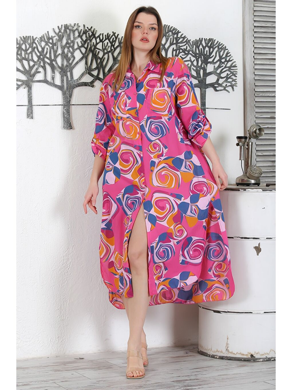 İtalyan Fuşya Düğmeli Uzun Kollu Geometrik Desenli Çift Cepli Casual Dokuma Yazlık Elbise-1