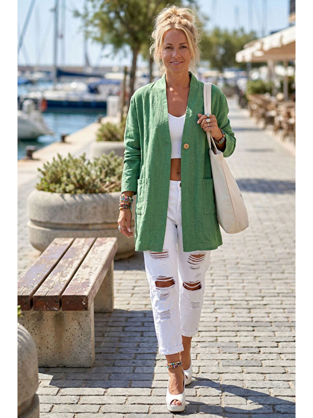 Yeşil Kimono Yaka 3/4 Kol Düğmeli Çift Cepli Casual Flamlı Pamuklu Kumaş Dokuma Ceket 85 60-2