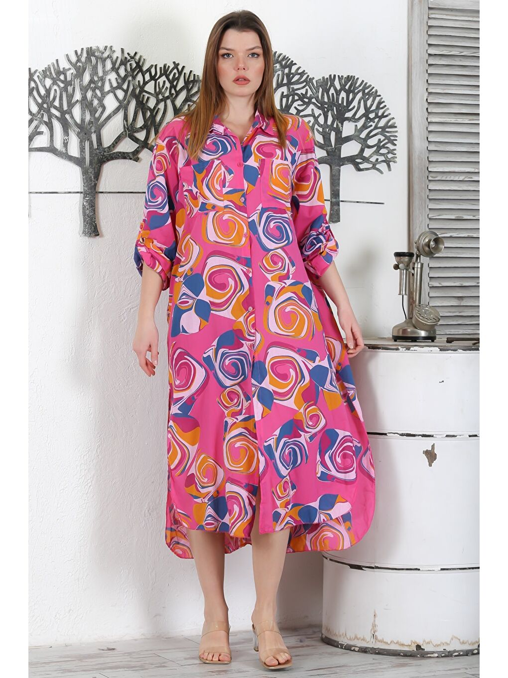 İtalyan Fuşya Düğmeli Uzun Kollu Geometrik Desenli Çift Cepli Casual Dokuma Yazlık Elbise-2