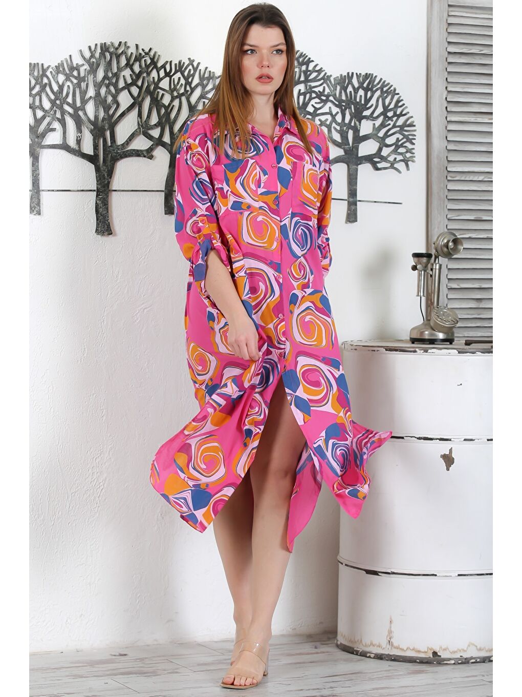 İtalyan Fuşya Düğmeli Uzun Kollu Geometrik Desenli Çift Cepli Casual Dokuma Yazlık Elbise-3