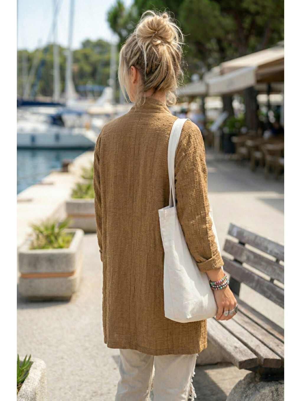 Kahverengi Camel Kimono Yaka 3/4 Kol Düğmeli Çift Cepli Casual Flamlı Pamuklu Kumaş Dokuma Ceket 85 60-3