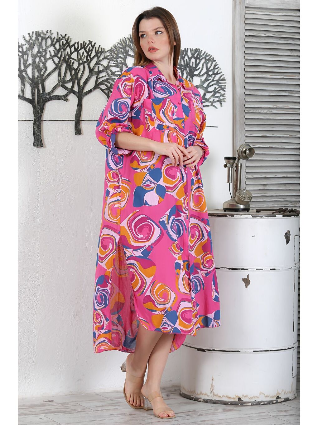 İtalyan Fuşya Düğmeli Uzun Kollu Geometrik Desenli Çift Cepli Casual Dokuma Yazlık Elbise-4