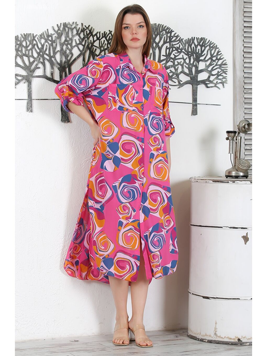 İtalyan Fuşya Düğmeli Uzun Kollu Geometrik Desenli Çift Cepli Casual Dokuma Yazlık Elbise-5