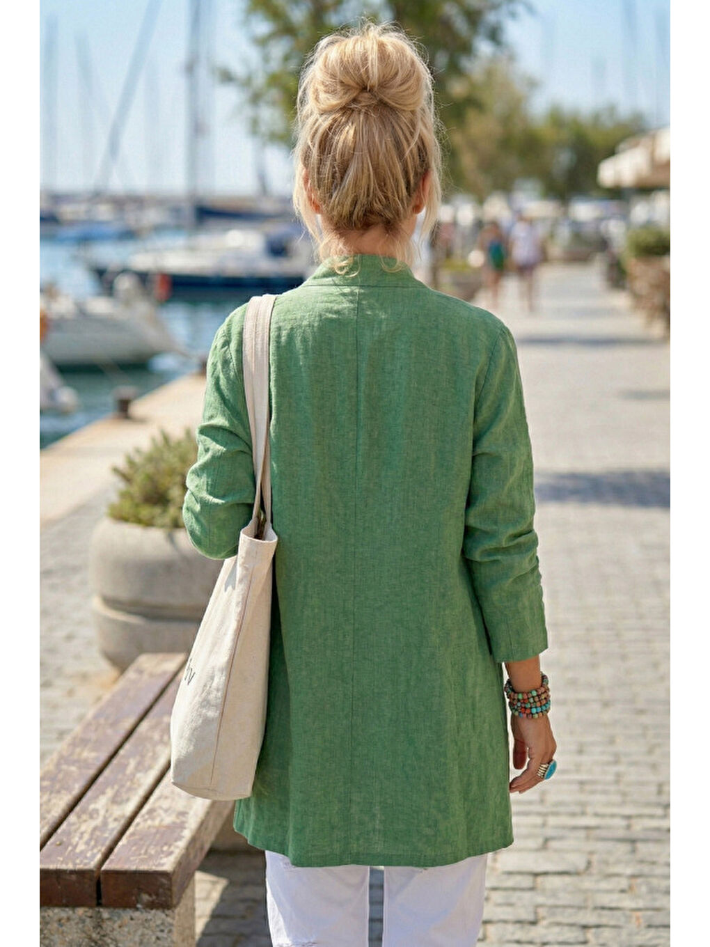 Yeşil Kimono Yaka 3/4 Kol Düğmeli Çift Cepli Casual Flamlı Pamuklu Kumaş Dokuma Ceket 85 60-3