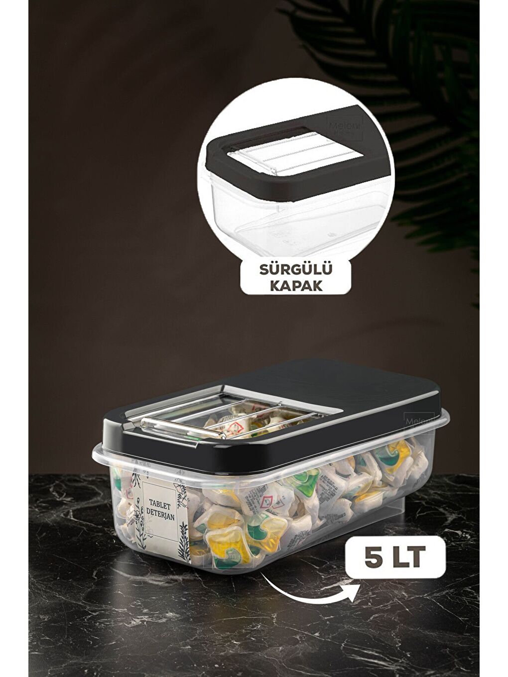 5 lt Kayar Kapaklı Deterjan Saklama Kabı Etiketli Tablet Deterjan Saklama Kutusu Antrasit-1