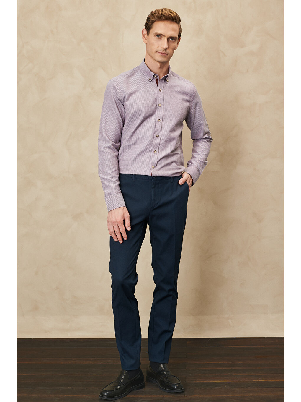 Erkek Lacivert Slim Fit Dar Kesim Armürlü Esnek Casual Pantolon-1