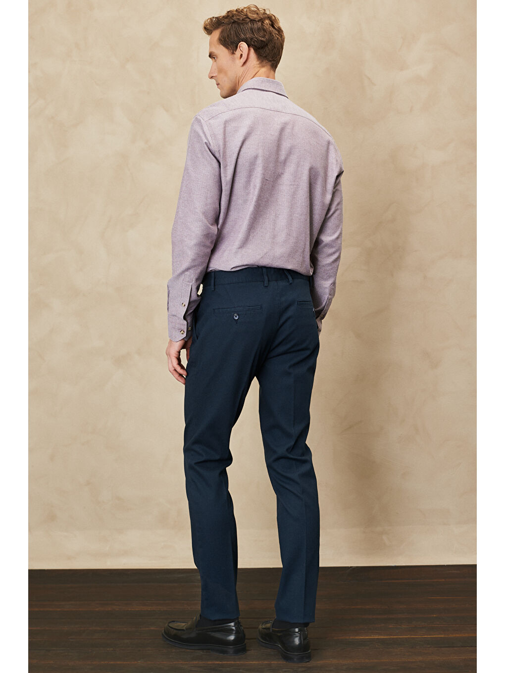 Erkek Lacivert Slim Fit Dar Kesim Armürlü Esnek Casual Pantolon-2