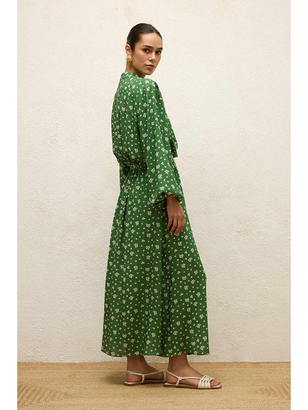 Yeşil Viskon Desenli Elbise Dıtsy-4