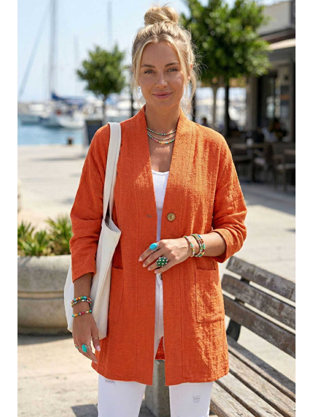 Turuncu Kimono Yaka 3/4 Kol Düğmeli Çift Cepli Casual Flamlı Pamuklu Kumaş Dokuma Ceket 85 60-1