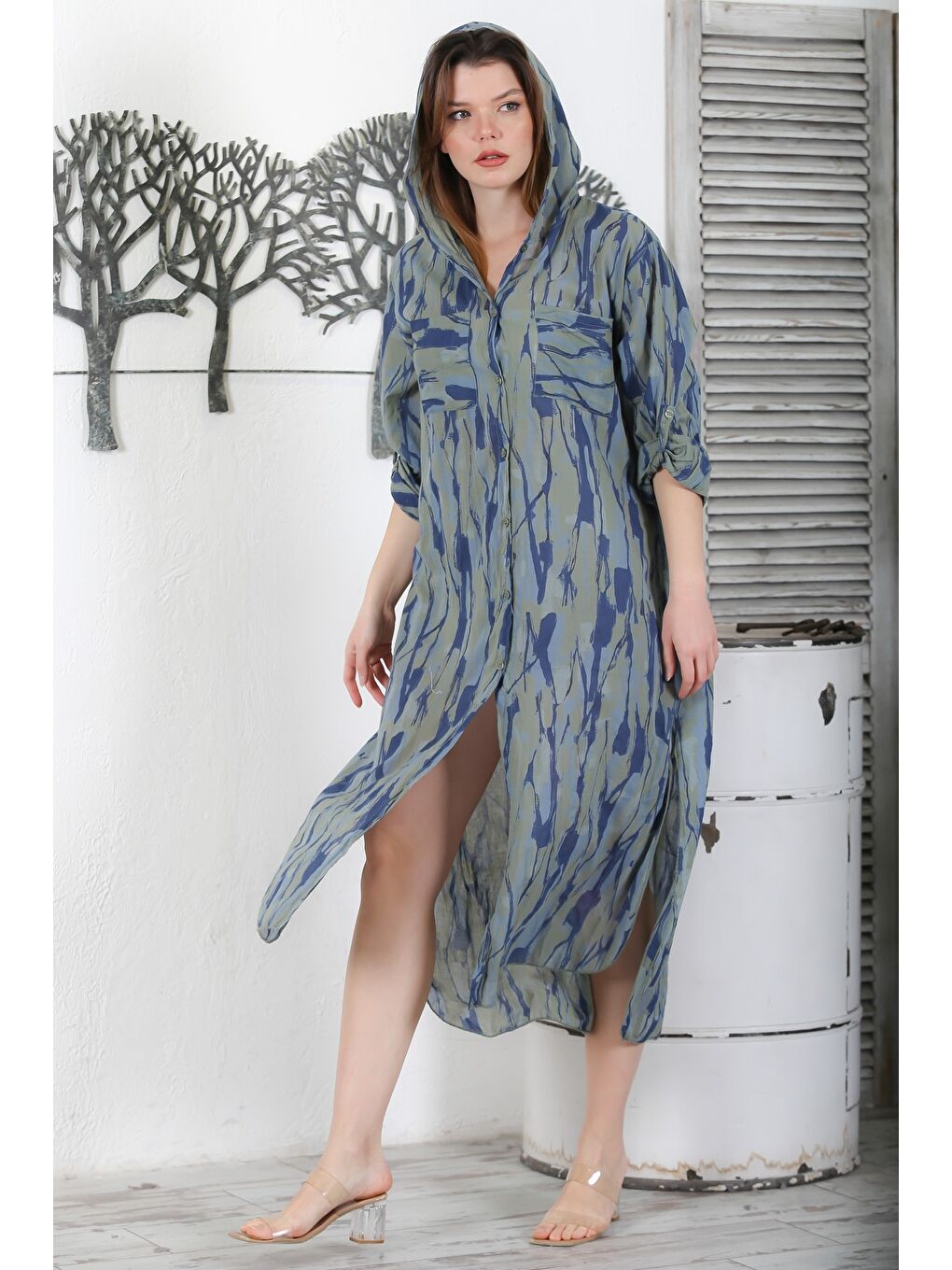 İtalyan Haki Düğmeli Uzun Kollu Desenli Çift Cepli Kapüşonlu Casual Dokuma Yazlık Elbise 130 65