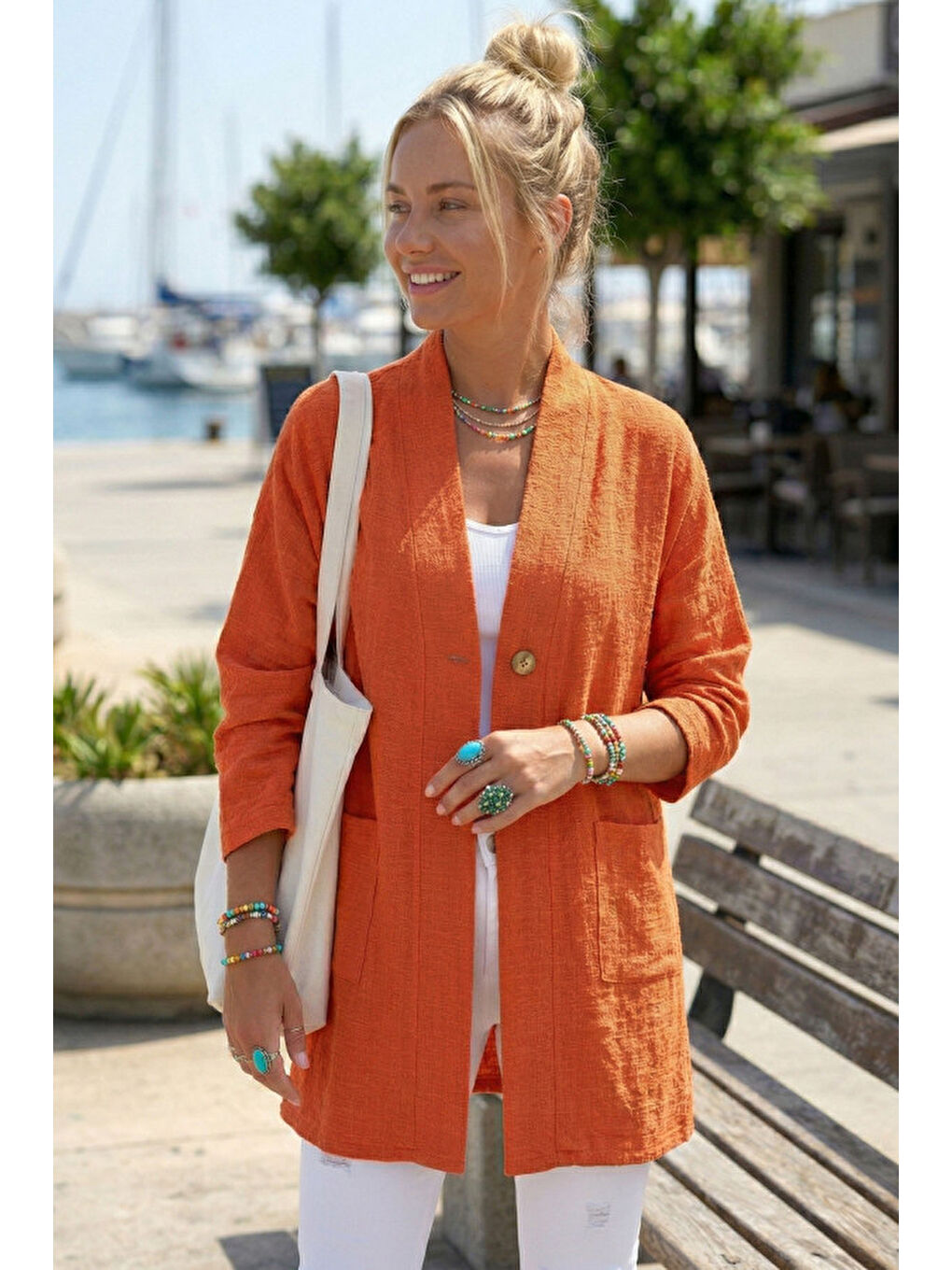 Turuncu Kimono Yaka 3/4 Kol Düğmeli Çift Cepli Casual Flamlı Pamuklu Kumaş Dokuma Ceket 85 60-2