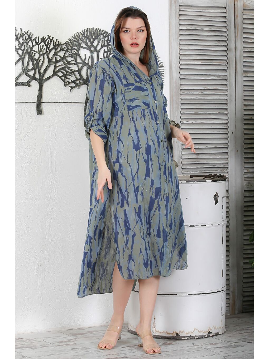 İtalyan Haki Düğmeli Uzun Kollu Desenli Çift Cepli Kapüşonlu Casual Dokuma Yazlık Elbise 130 65-2