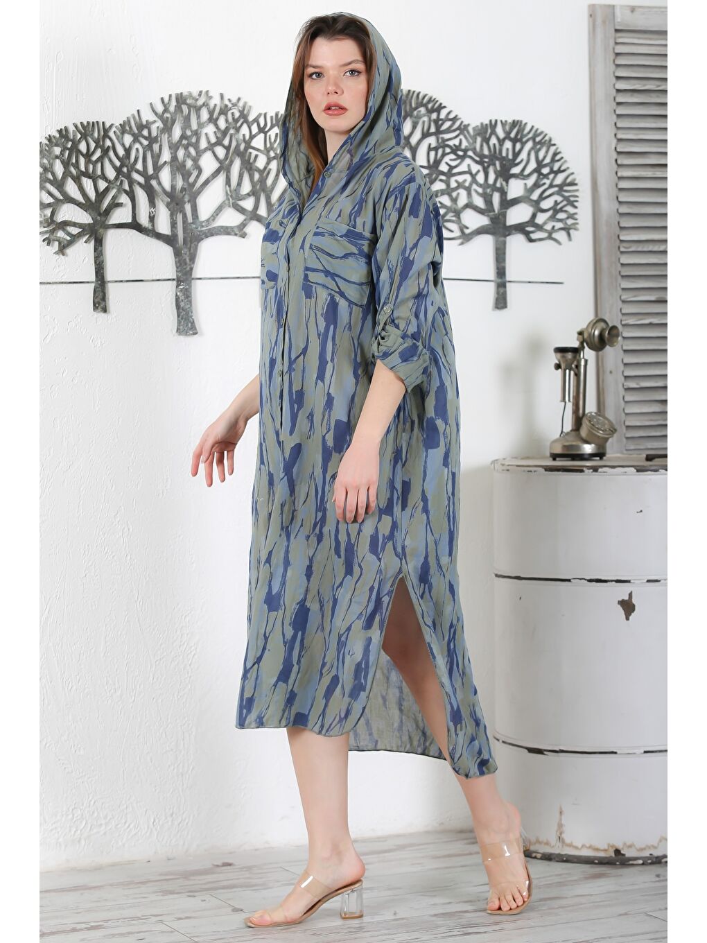 İtalyan Haki Düğmeli Uzun Kollu Desenli Çift Cepli Kapüşonlu Casual Dokuma Yazlık Elbise 130 65-3