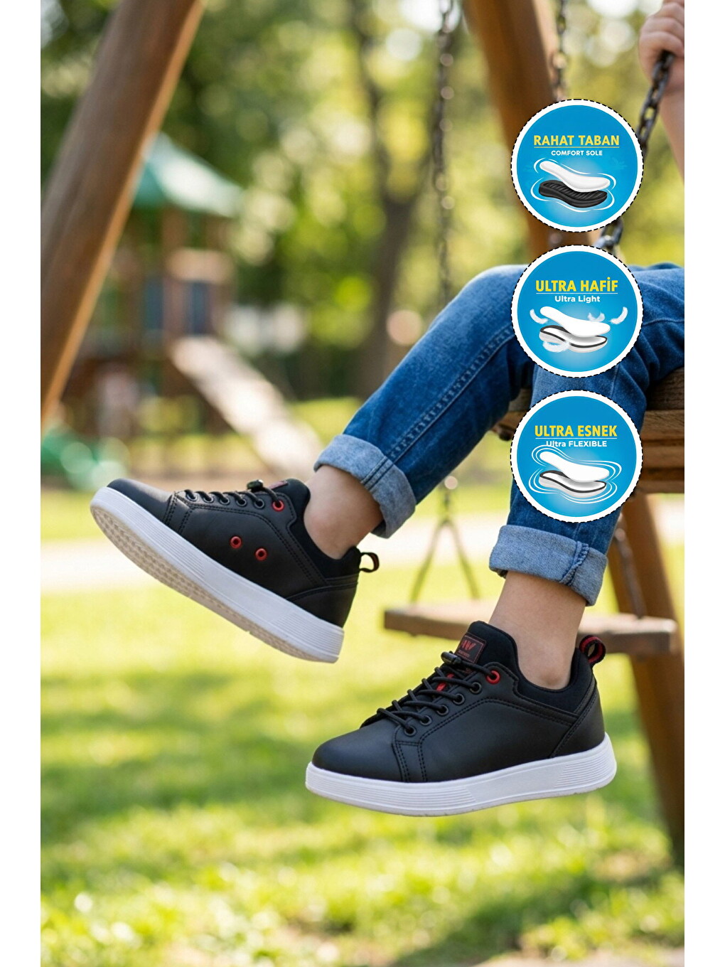 Siyah-kırmızı Lastik Bağcıklı Comfort Rahat Tabanlı Erkek Çocuk Sneaker Balase F-1