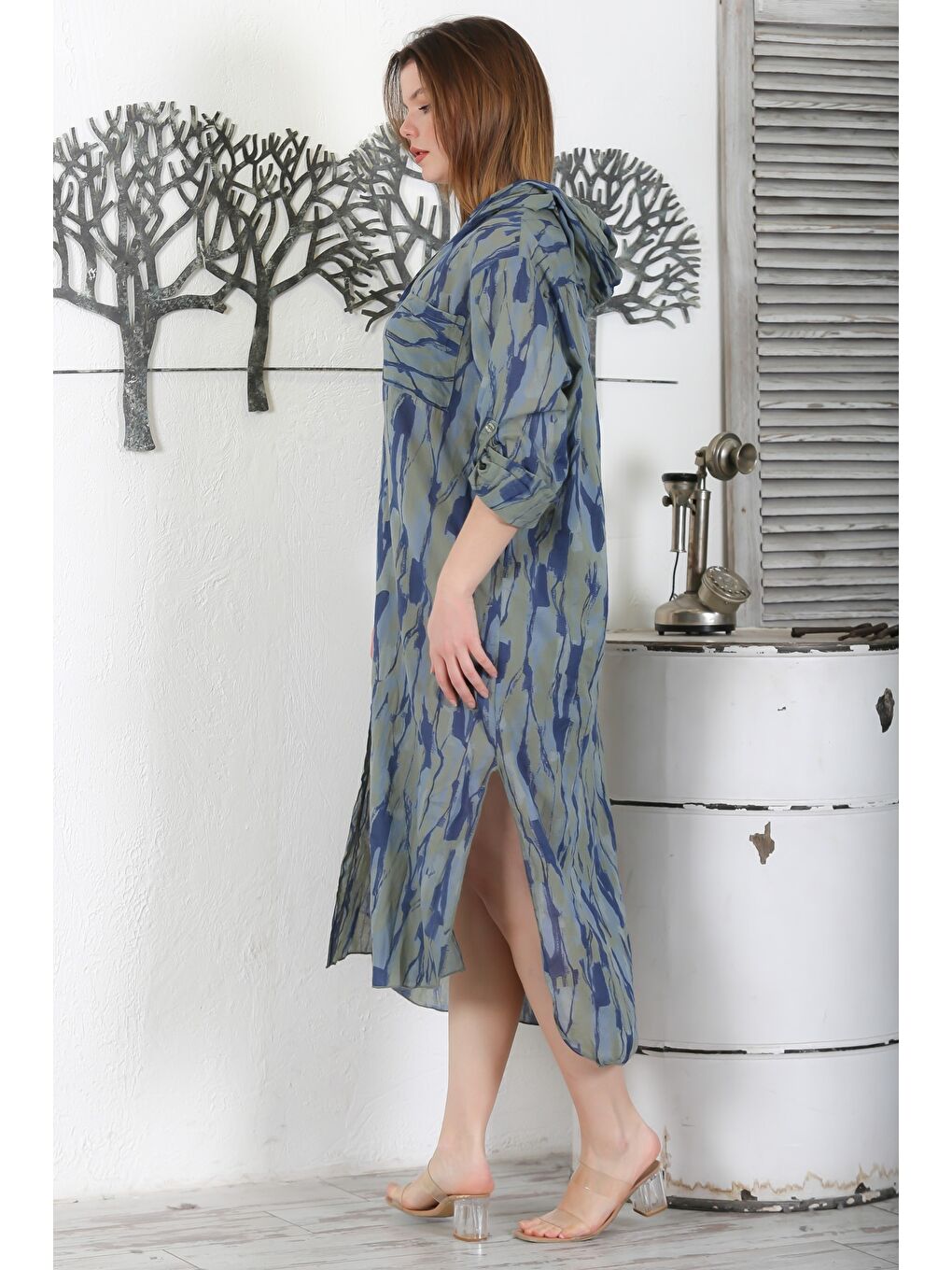 İtalyan Haki Düğmeli Uzun Kollu Desenli Çift Cepli Kapüşonlu Casual Dokuma Yazlık Elbise 130 65-5