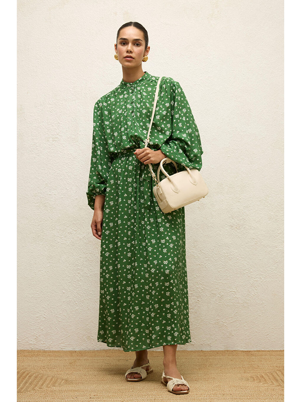 Yeşil Viskon Desenli Elbise Dıtsy-5