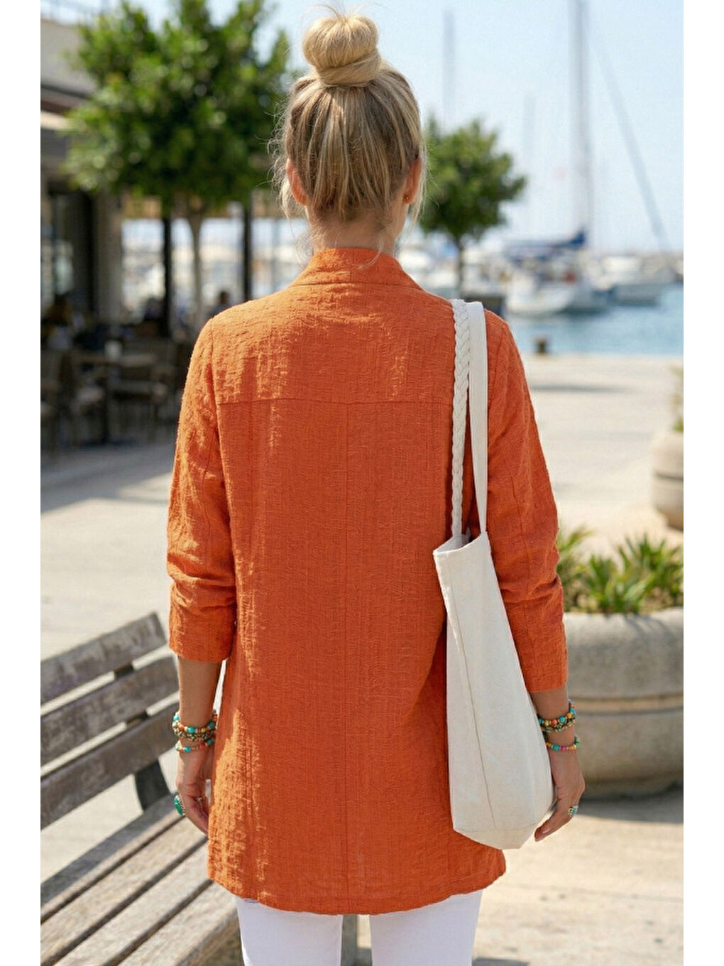 Turuncu Kimono Yaka 3/4 Kol Düğmeli Çift Cepli Casual Flamlı Pamuklu Kumaş Dokuma Ceket 85 60-3