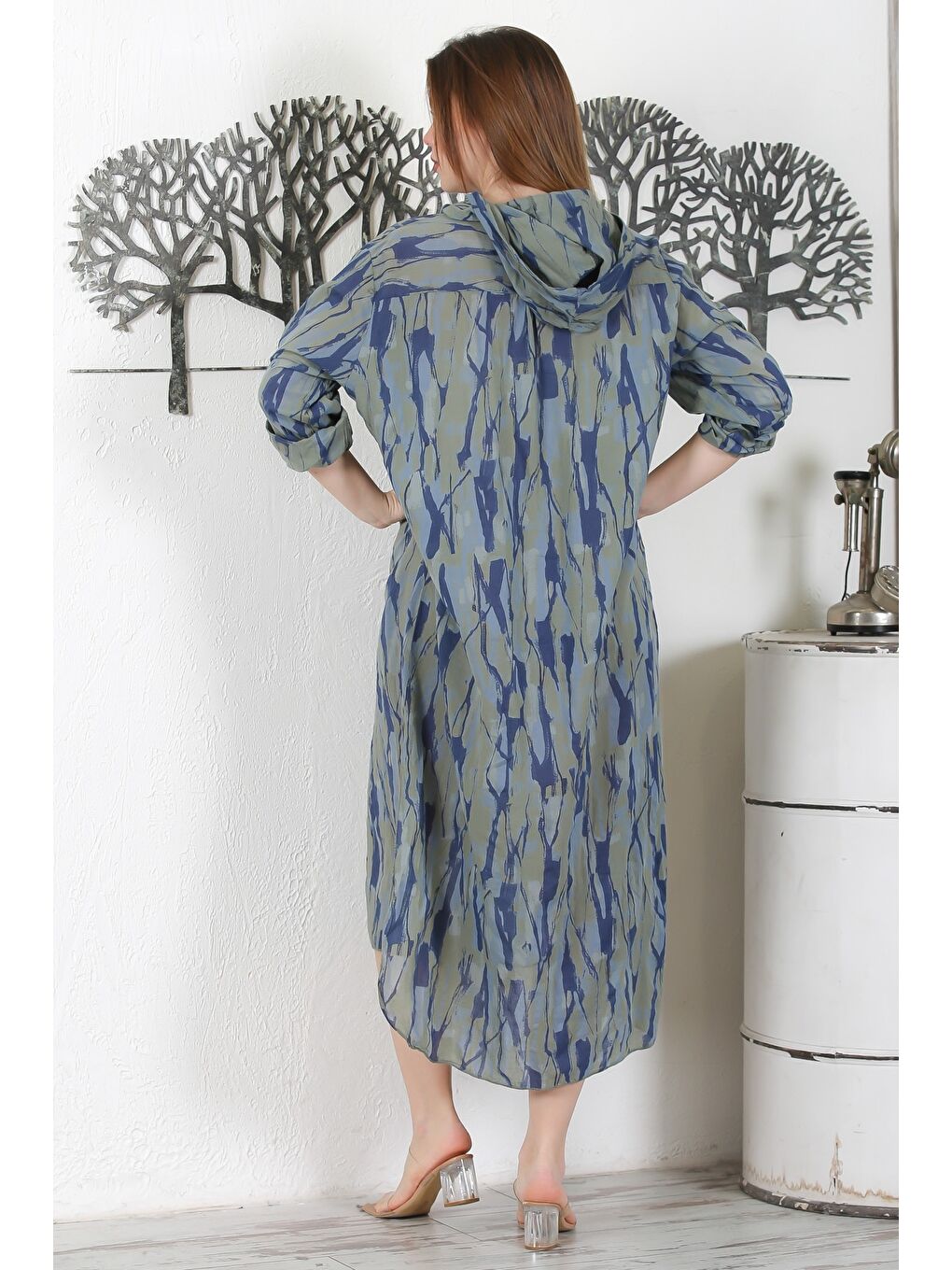 İtalyan Haki Düğmeli Uzun Kollu Desenli Çift Cepli Kapüşonlu Casual Dokuma Yazlık Elbise 130 65-7