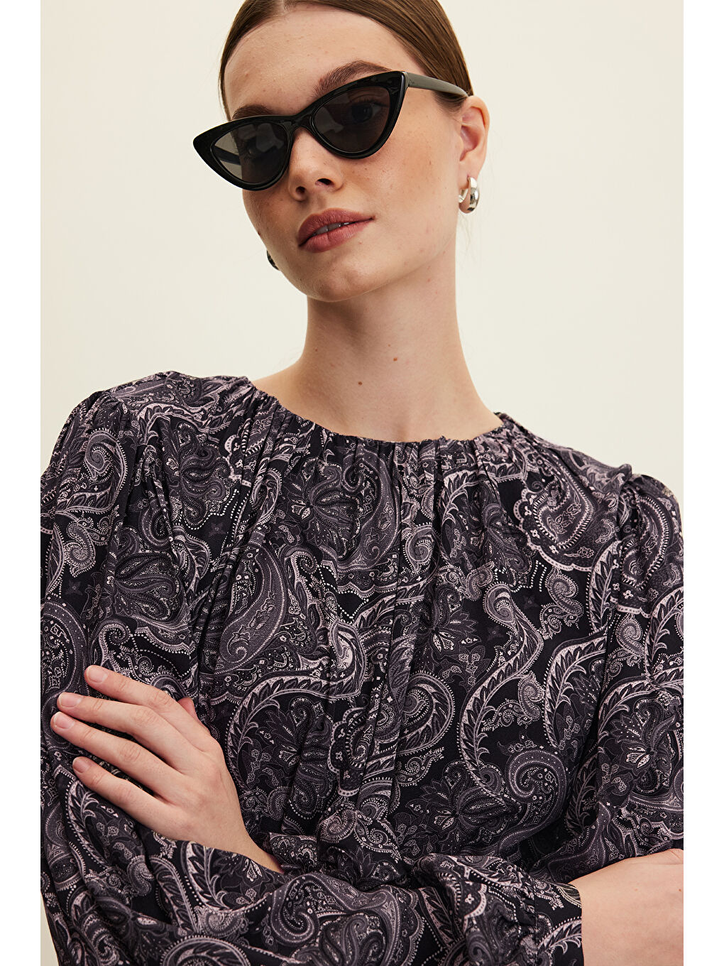 Siyah Desenli Viskon Elbise Dark Vıntage-5