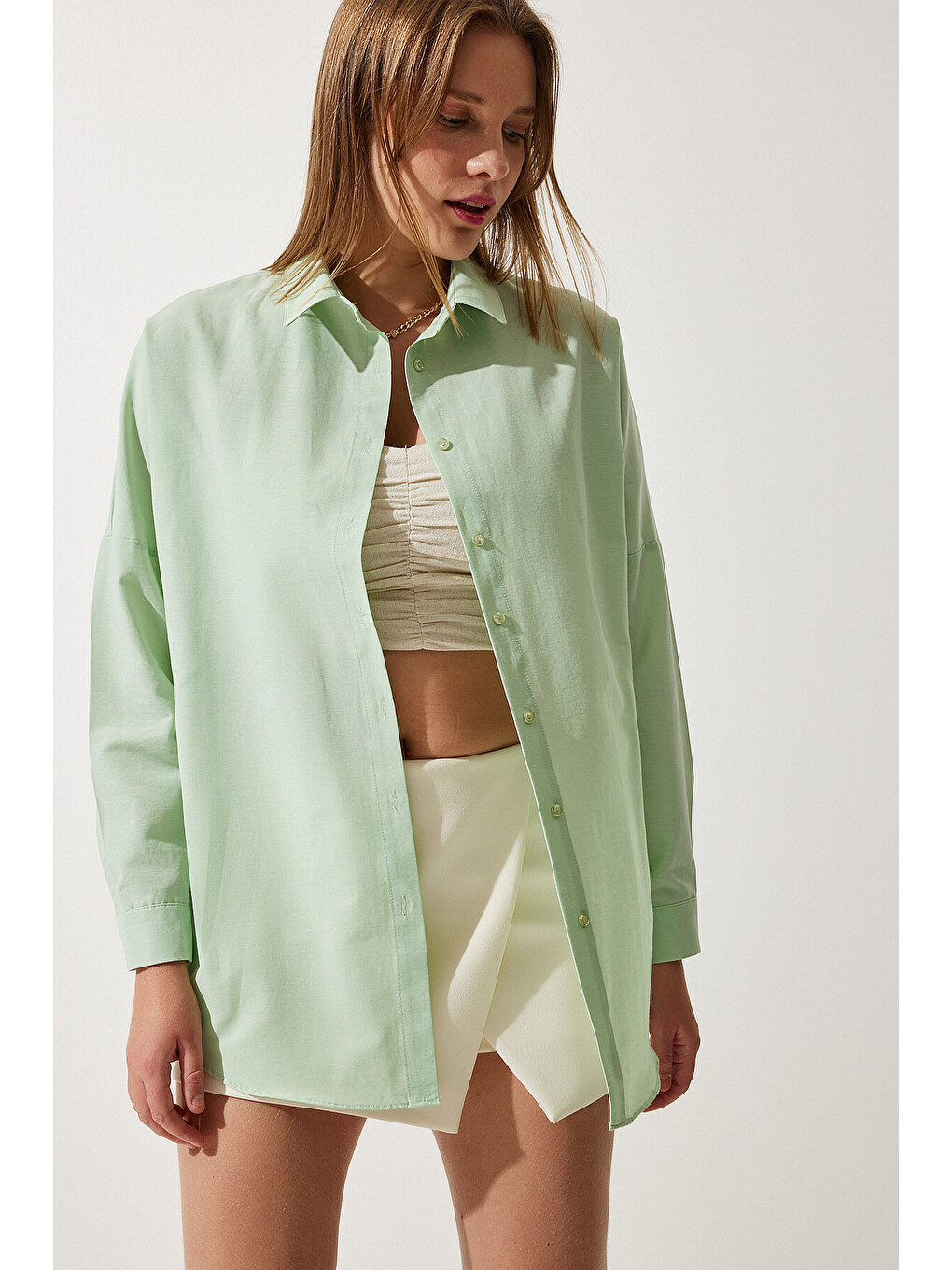 Yeşil Oversize Basic Gömlek UÇUK YEŞİL LDD0003