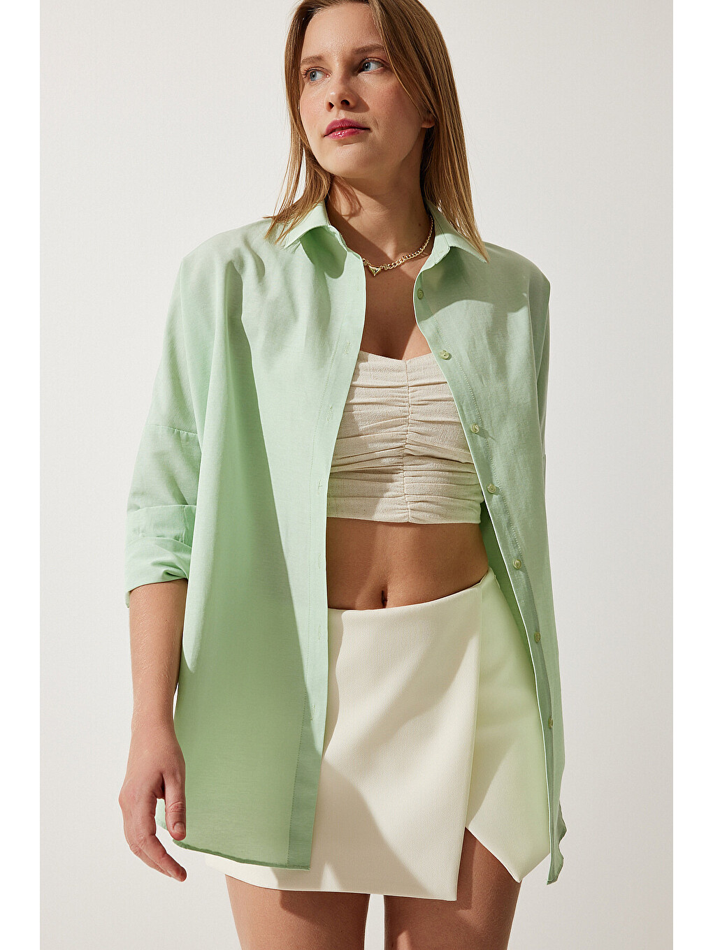 Yeşil Oversize Basic Gömlek UÇUK YEŞİL LDD0003-1
