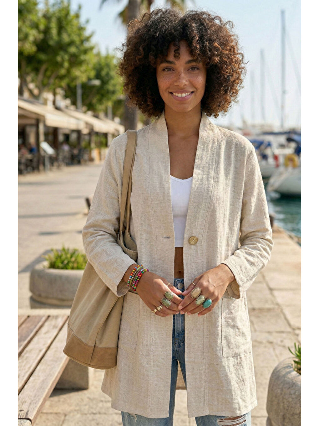 Bej Kimono Yaka 3/4 Kol Düğmeli Çift Cepli Casual Flamlı Pamuklu Kumaş Dokuma Ceket 85 60-1