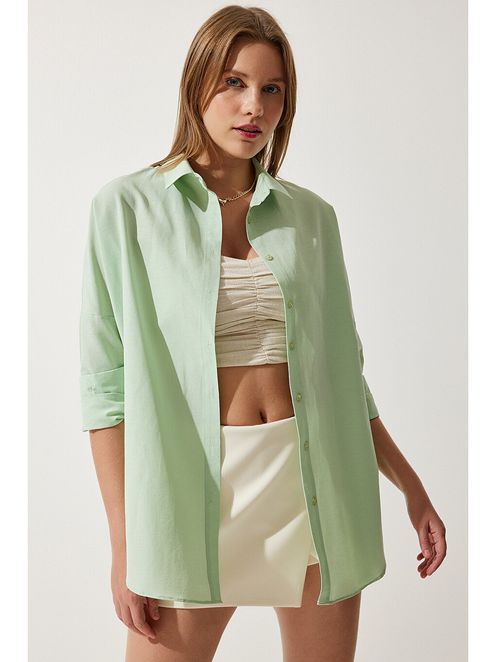Yeşil Oversize Basic Gömlek UÇUK YEŞİL LDD0003-2