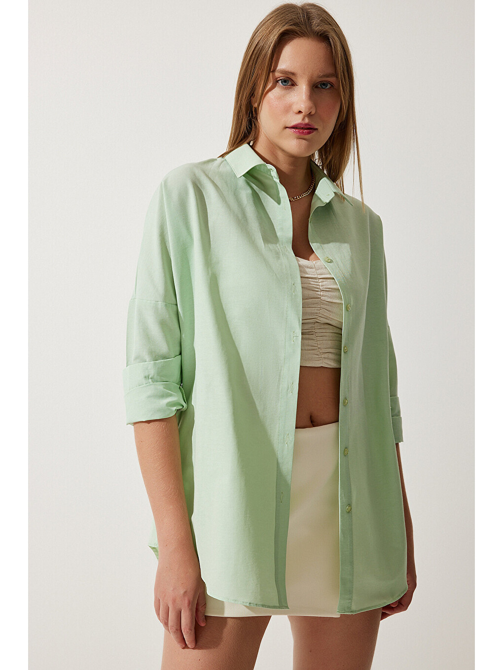 Yeşil Oversize Basic Gömlek UÇUK YEŞİL LDD0003-3
