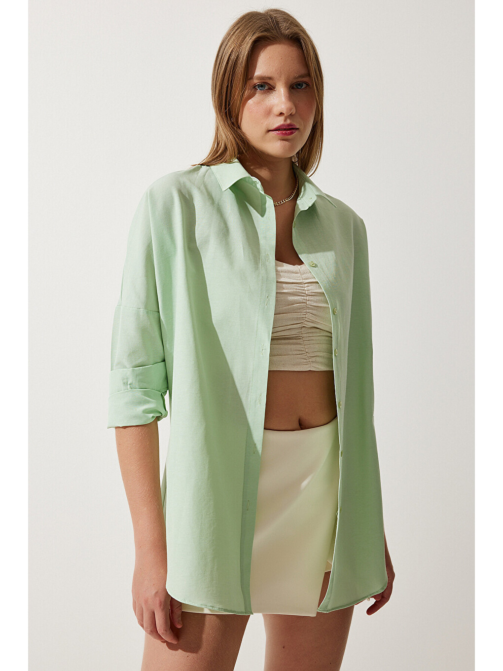 Yeşil Oversize Basic Gömlek UÇUK YEŞİL LDD0003-4