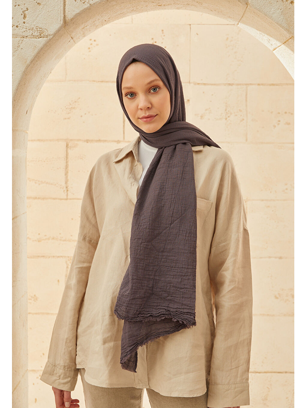 Gri Organik Pamuk Şal Koyu Grı-3