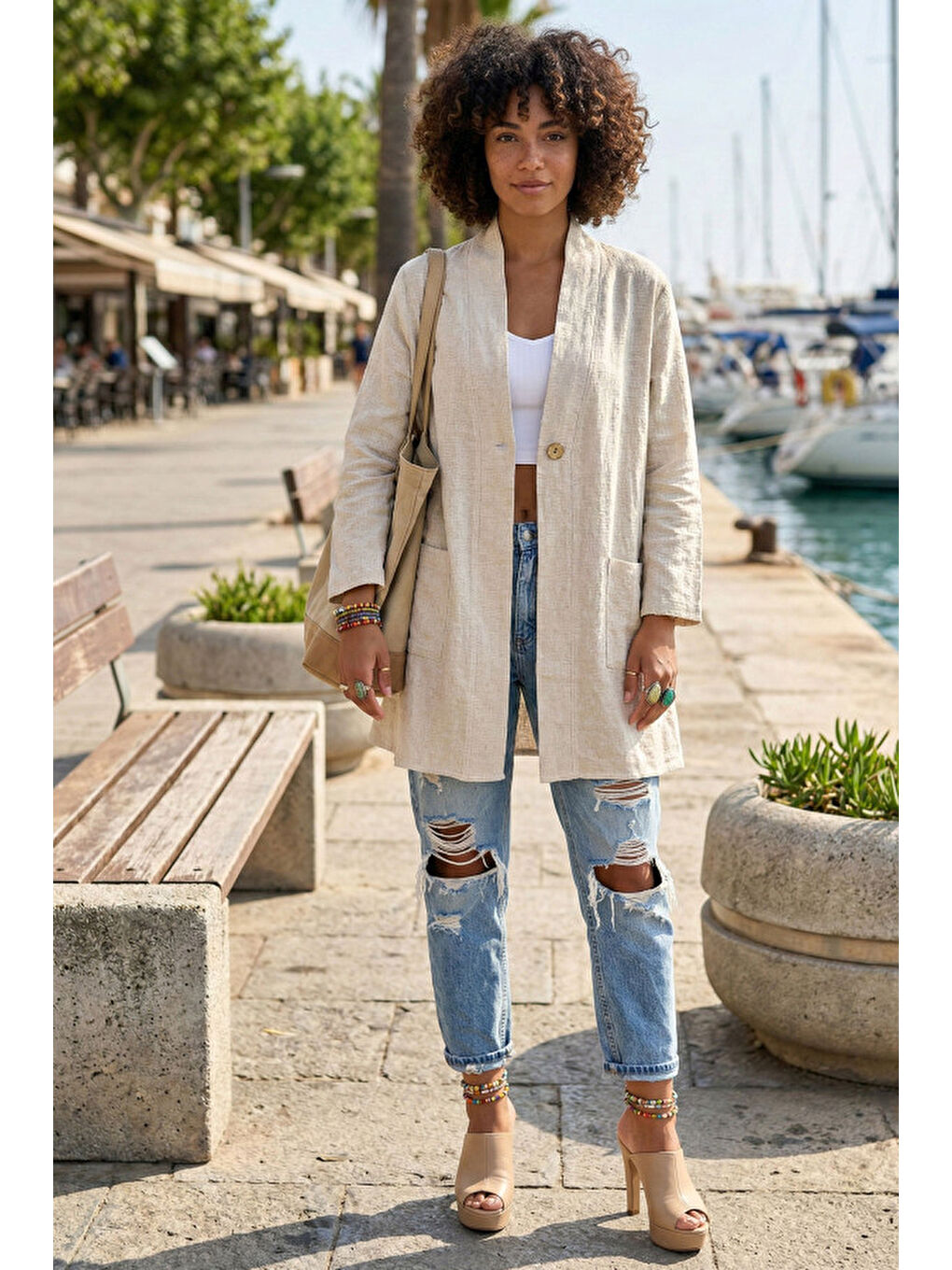 Bej Kimono Yaka 3/4 Kol Düğmeli Çift Cepli Casual Flamlı Pamuklu Kumaş Dokuma Ceket 85 60-2