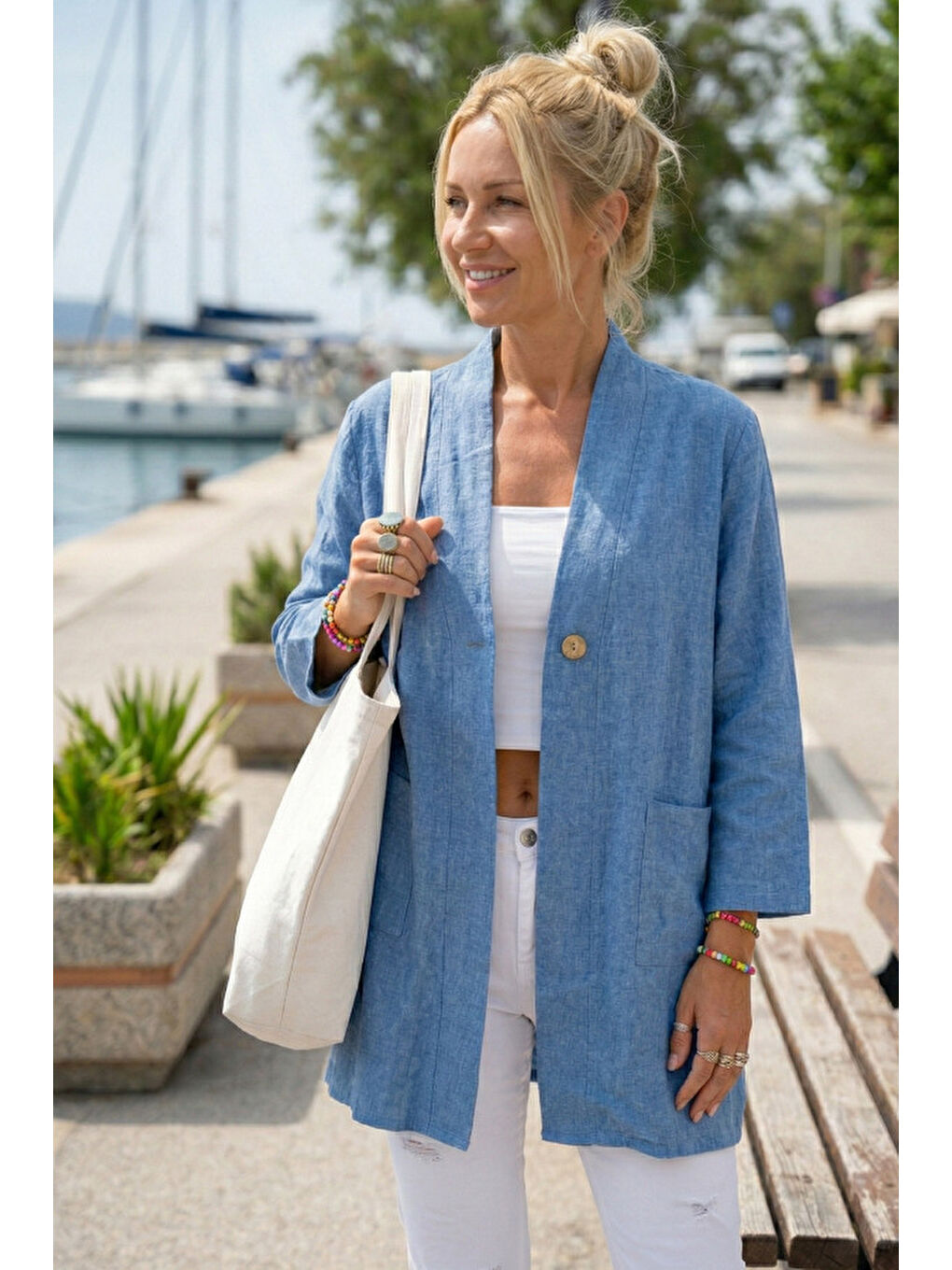 Mavi Kimono Yaka 3/4 Kol Düğmeli Çift Cepli Casual Flamlı Pamuklu Kumaş Dokuma Ceket 85 60-1