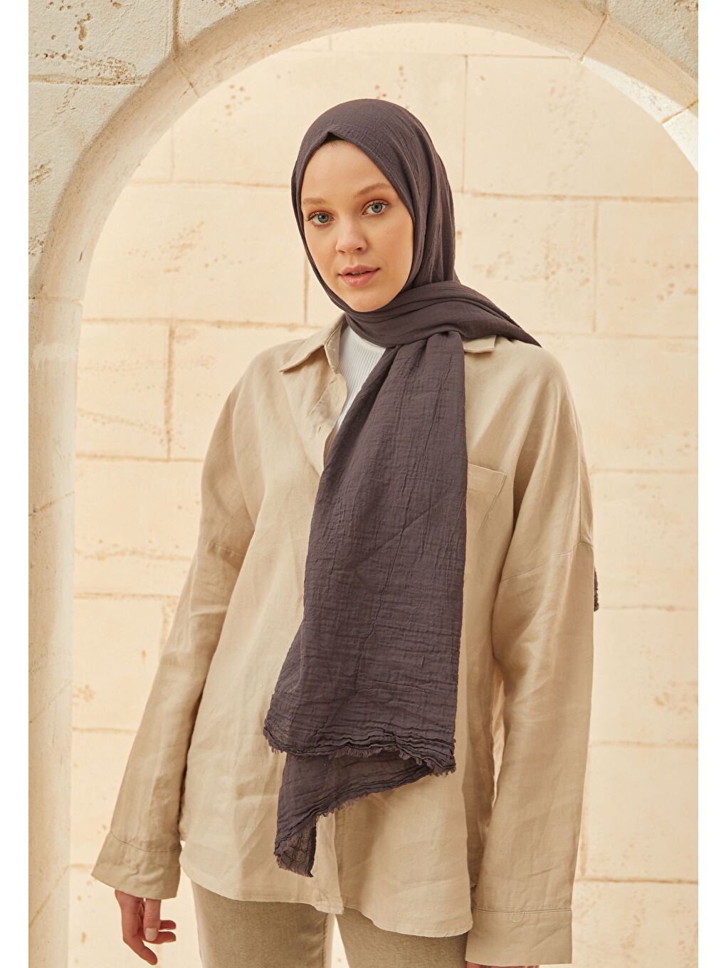 Gri Organik Pamuk Şal Koyu Grı-4