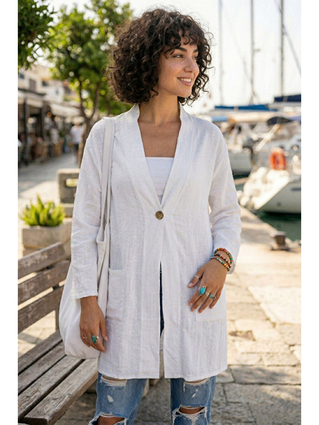 Beyaz Kimono Yaka 3/4 Kol Düğmeli Çift Cepli Casual Flamlı Pamuklu Kumaş Dokuma Ceket 85 60-1