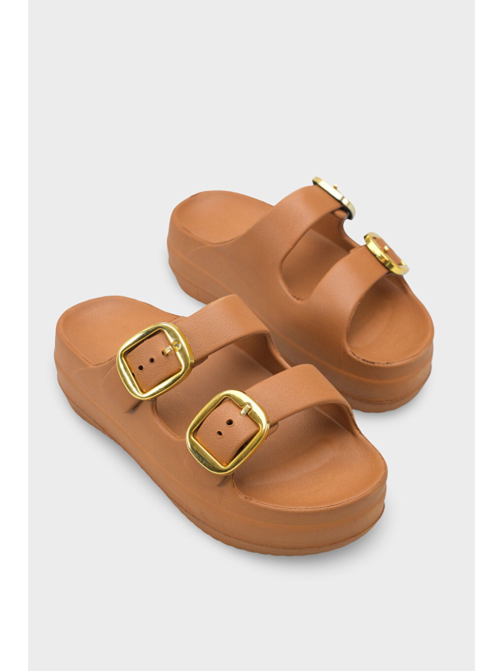 Kahverengi Nicki Eva Çift Tokalı Dolgu Tabanlı Kadın Terlik-1