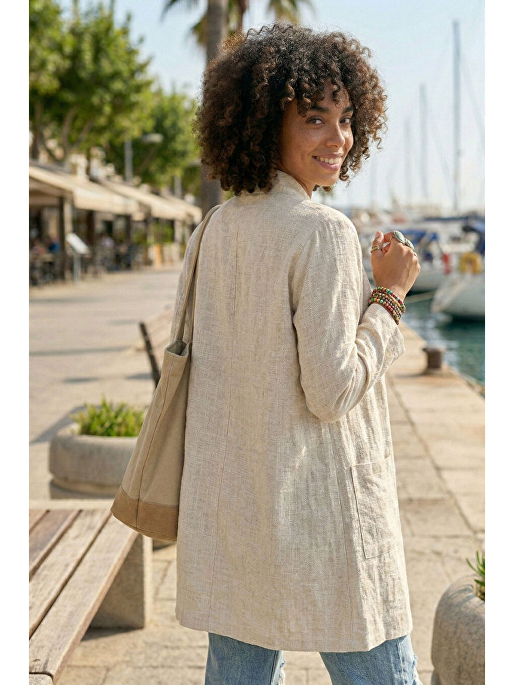 Bej Kimono Yaka 3/4 Kol Düğmeli Çift Cepli Casual Flamlı Pamuklu Kumaş Dokuma Ceket 85 60-3