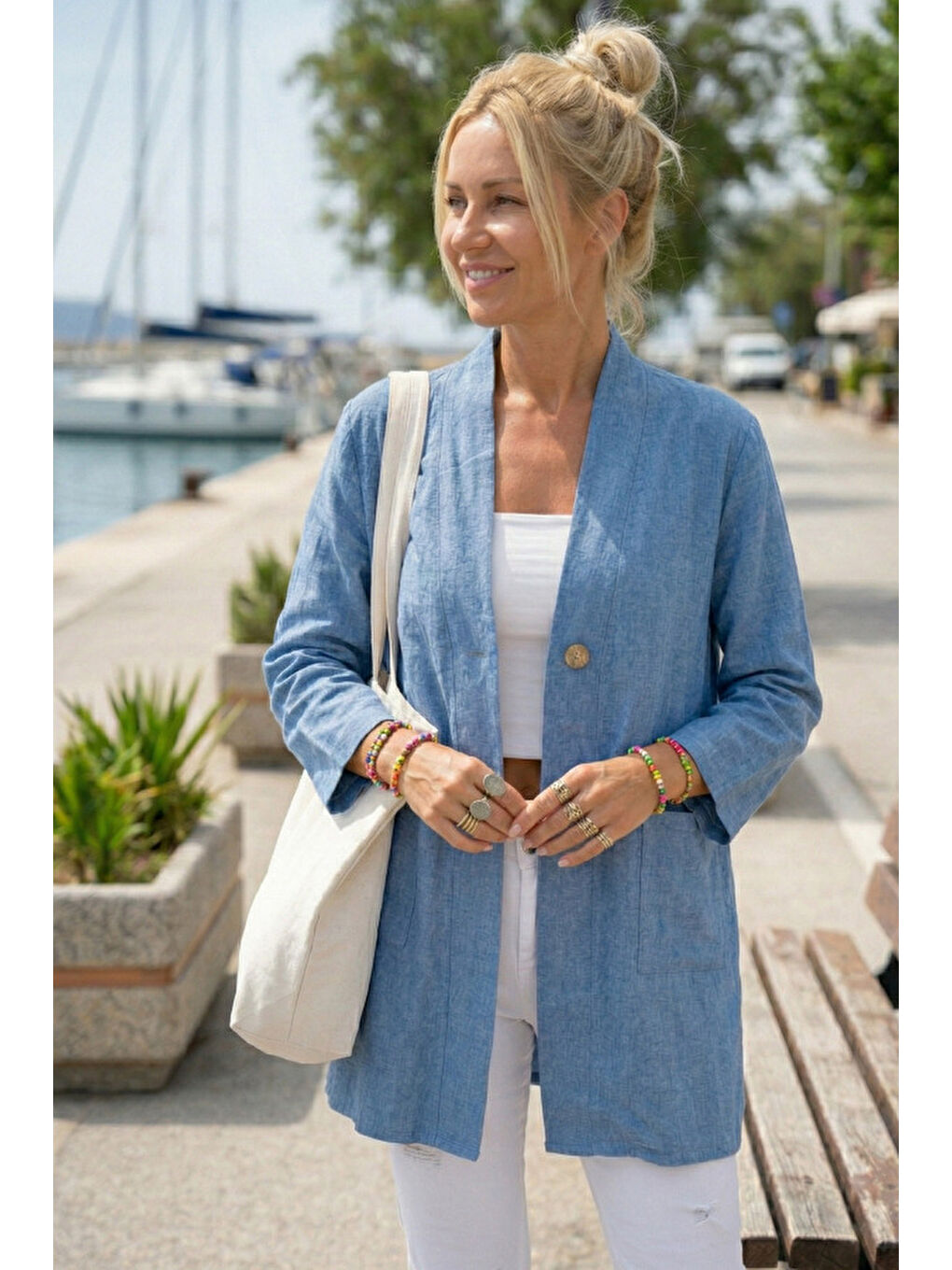 Mavi Kimono Yaka 3/4 Kol Düğmeli Çift Cepli Casual Flamlı Pamuklu Kumaş Dokuma Ceket 85 60-2