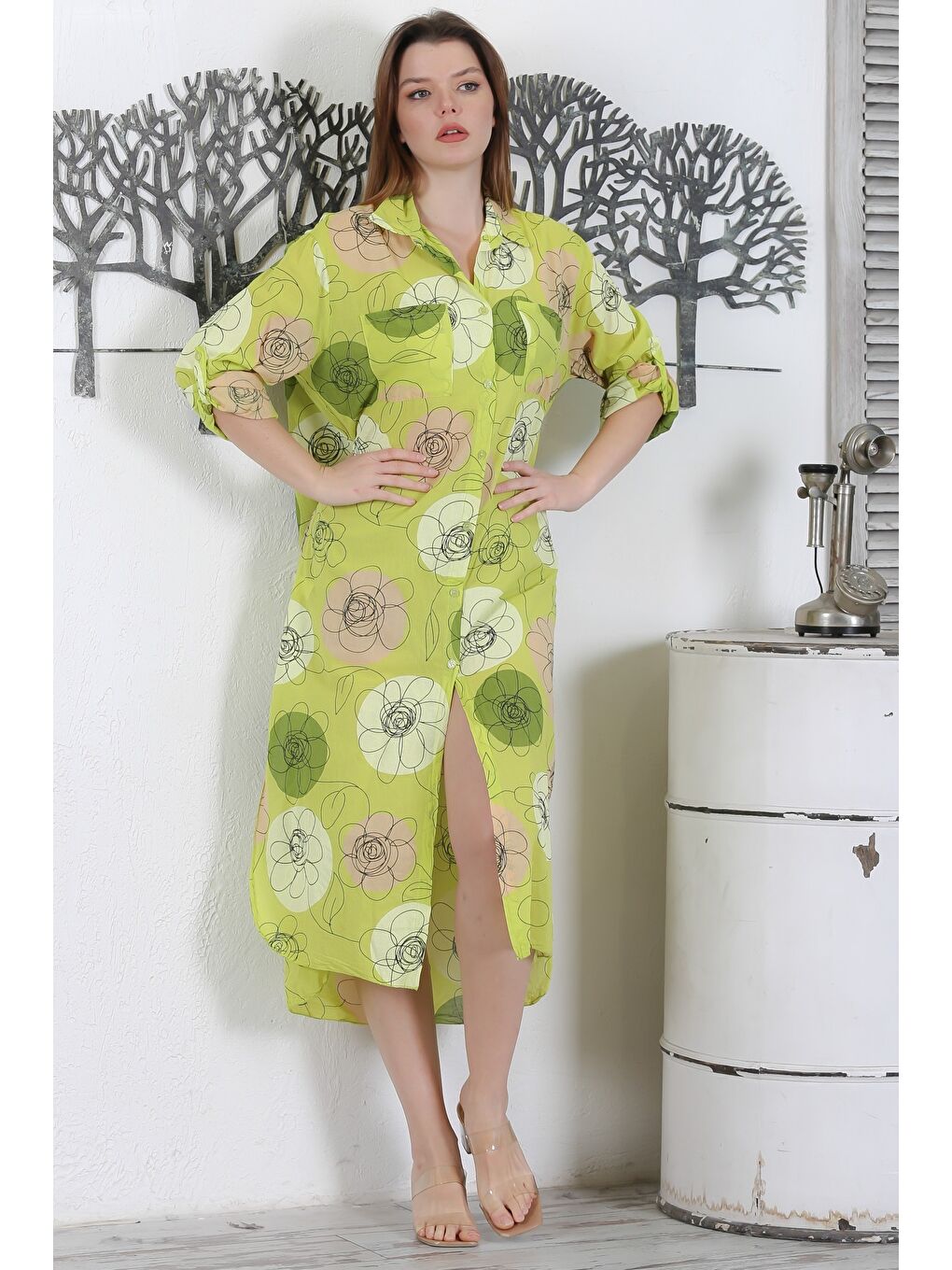 Yeşil İtalyan Limon Küfü Rengi Düğmeli Uzun Kollu Çiçekli Çift Cepli Casual Dokuma Yazlık Elbise-2