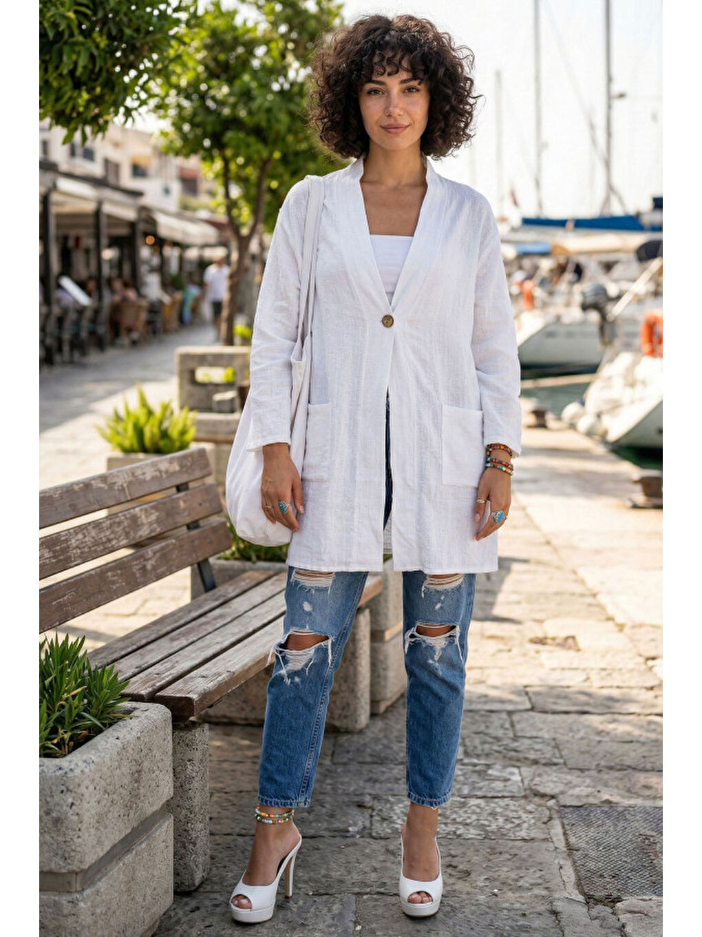 Beyaz Kimono Yaka 3/4 Kol Düğmeli Çift Cepli Casual Flamlı Pamuklu Kumaş Dokuma Ceket 85 60-2